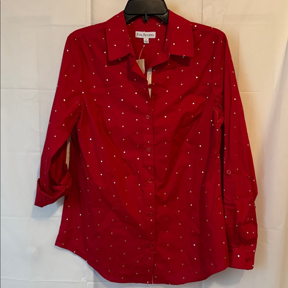 NWT Kim Rogers Small button-down shirt with metallic silver dots Cuff Sleeves